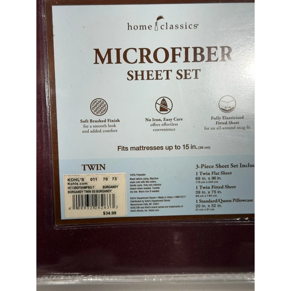 Home Classics Microfiber Sheet Set Twin Burgundy 3 Piece Deep Pocket New